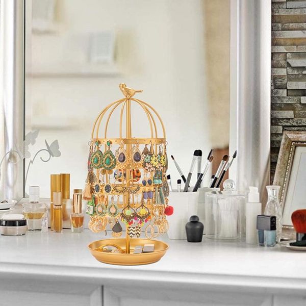 

jewelry pouches, bags bird cage rack four-layer golden rotating display stand earrings net celebrity, Pink;blue
