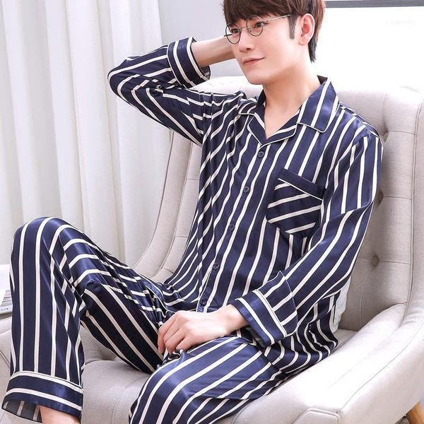 

men's sleepwear pajamas spring autumn long sleeves ice silk home suit male youth and trousers 2 pcs set soft nightgown h56051, Black;brown