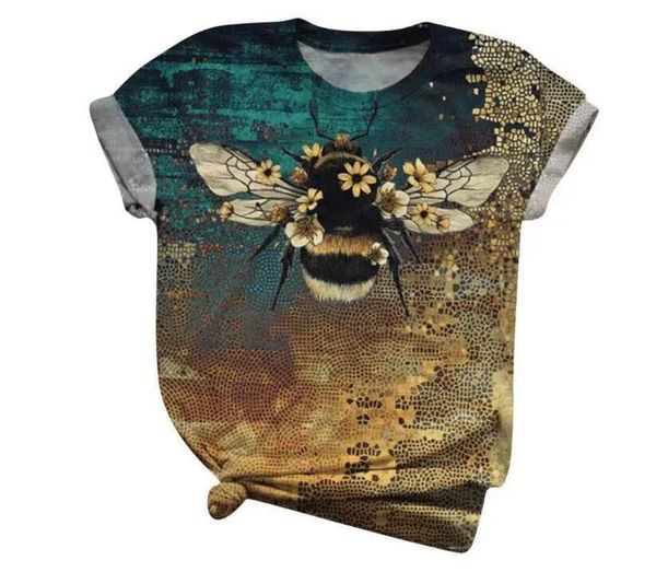 

2021 new bee print round neck loose bat sleeve t-shirt women, White