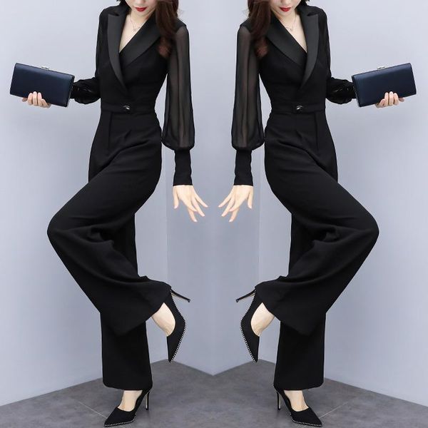 

women's jumpsuits & rompers black chiffon leisure one piece pants wide leg salopette overalls female macacao feminino palazzo bodysuit, Black;white