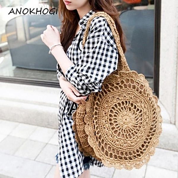 

shopping bags bohemian style women straw shoulder big capacity circle long straps ladies ruffles vintage bag b20