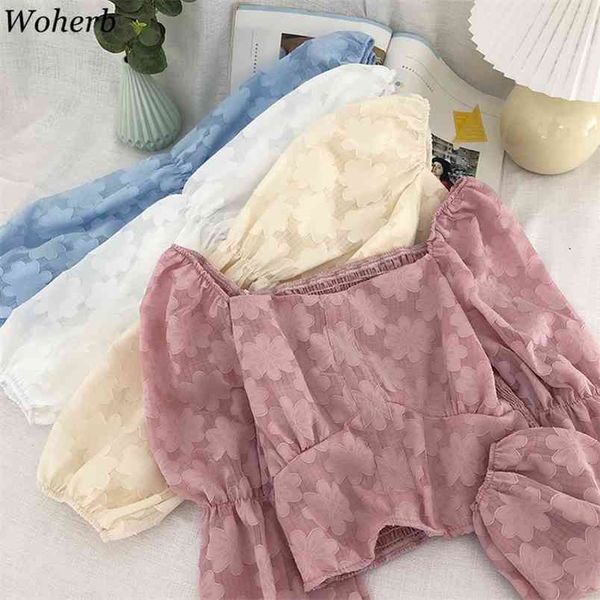 

cropped shirt lantern sleeve blouse women vintage fashion floral blouses korean style chic blusas all match 210519, White