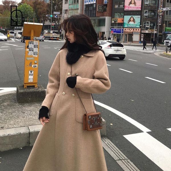 

women's wool & blends luck a women 2021 autumn winter solid color woolen coat female slim double breasted outwears ladies pockets long, Black