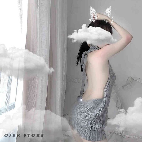 

backless women sweaters grey turtleneck sleeveless long virgin killer cosplay costumes japanes knitted and pullovers, Black;white