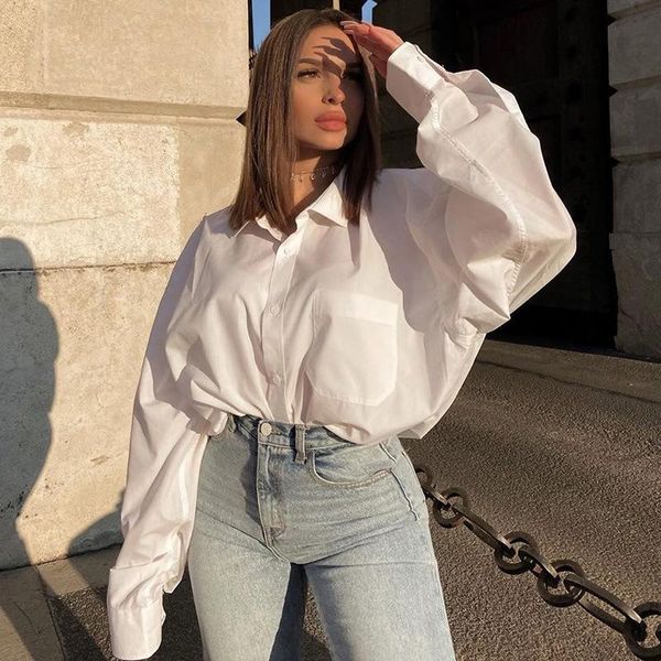 

woman white oversize shirt blouse s  l women's blouses & shirts
