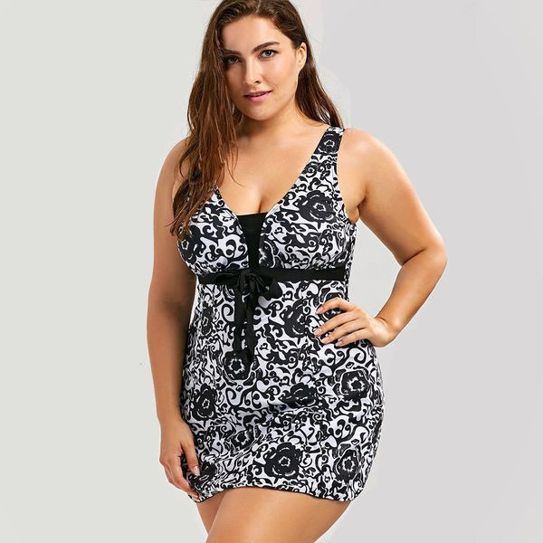 

swimsuit large skirt open back bow print swimsuit for women, Red;black