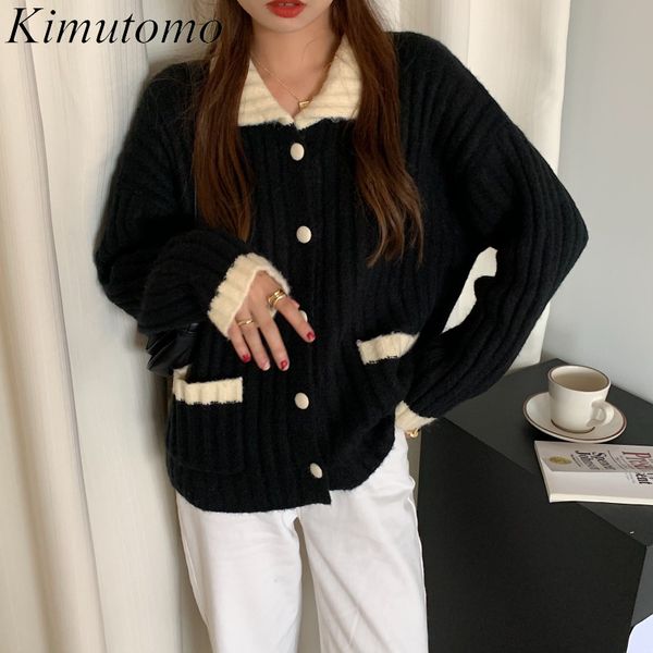 

kimutomo women knitted cardigans spring autumn ladies turn-down collar contrast color panelled sweater korea chic 210521, White