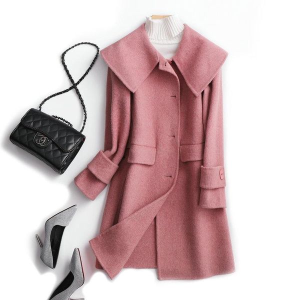 

women's wool & blends fall thickened fashion pure color double faced alpaca coat women's 2021 milk tea overcoat baby collar solid p, Black
