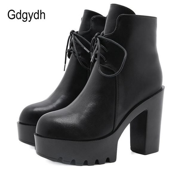 

boots gdgydh thick heels women pu leather platform bandage booties woman high heel fall rubber sole party shoes footwear spring, Black