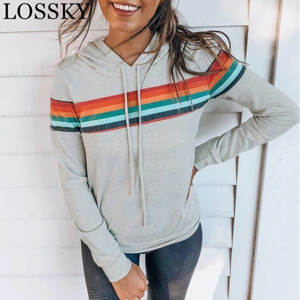 

autumn hooded pullover pink gray hoodies sweatshirt casual rainbow striped peint long sleeve blouse mujer hoody 210520, Black
