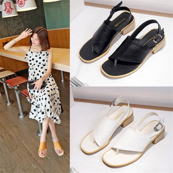 

women's shoes summer flip flops pu sandals mid-heel thick heel buckle trendy net red, Black