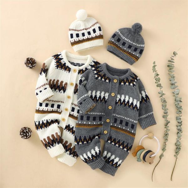 

jumpsuits fashion winter born romper infant baby girls boys long sleeve splicing knitted sweater jumpsuit+hat outfits vÃªtements de bÃ©bÃ©, Blue