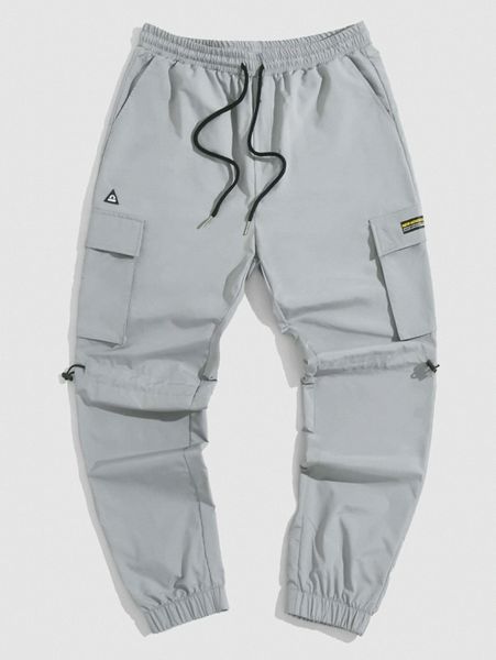 

men drawstring waist patch detail flap pocket cargo pants f671#, Black