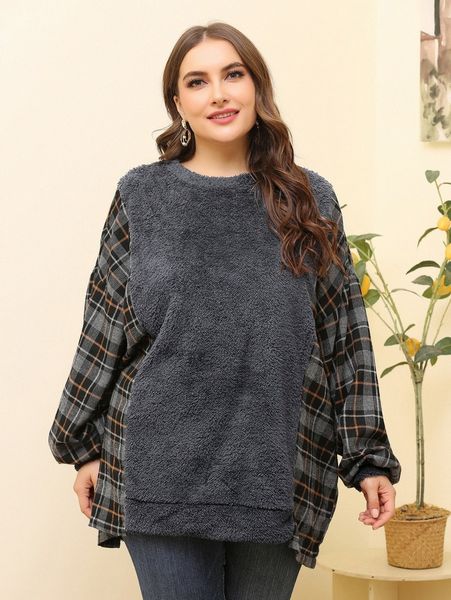 

plus plaid drop shoulder flannel pullover z1to#, Black