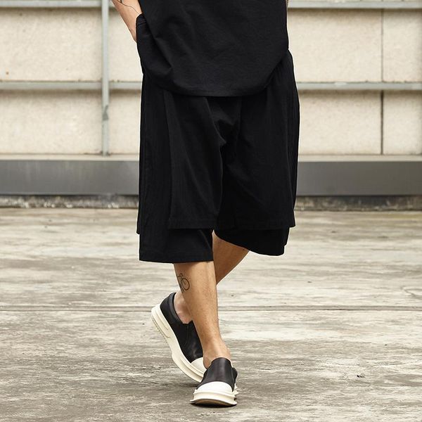 

original style loose cropped pants men's tide brand summer cotton and linen breathable shorts dark japanese casual skirt, Black