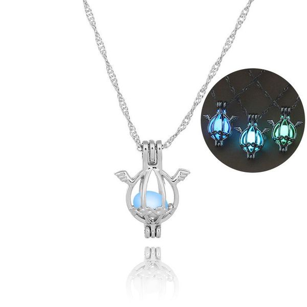 

chains bohemia angel locket hollow luminous stone heart pendant necklace for women glowing in the dark halloween jewelry gifts, Silver