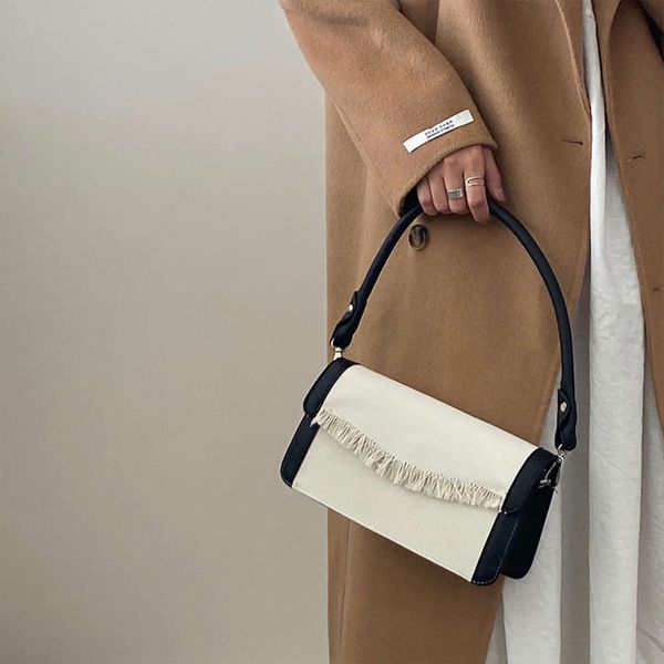

retro women small square shoulder crossbody bags simple tassel ladi baguette purse handbags fashion female canvas underarm bag
