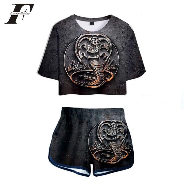 

kpop cobra kai 2 piece outfits neon green short sleeve snake 3d print waist shorts crop biker two women women's tracksuits, Gray