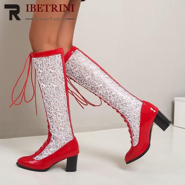

women summer knee high shoes black red lace-up boots hollow out mesh breathable