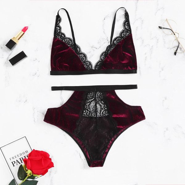 

velvet 2021 and lace two piece underwear, Red;black