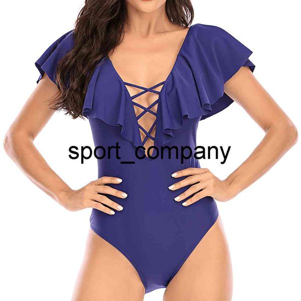 Ruffle Swimsuit Mulheres One Piece Vintage Swimwear Deep V-Pescoço De Pescoço Terno Cross Bandage Bodysuit 2021 New Summer Beachwear