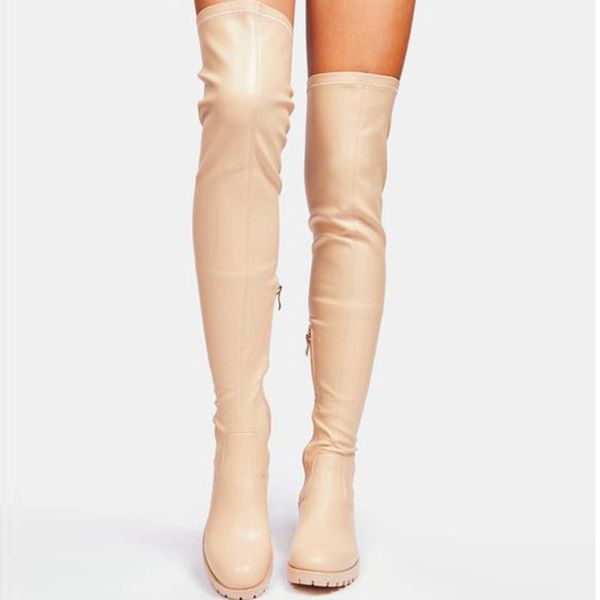 

boots women shoes apricot thigh high autumn winter pu leather thick heel comfortable over the knee waterproof, Black