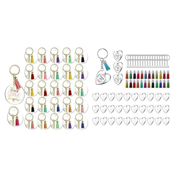 

keychains 210 pcs acrylic discs clear keychain blanks charms and colourful tassel key rings, heart & tassels, Silver