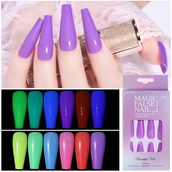 

false nails 24pcs luminous uv shiny long ballerina coffin full cover solid color colorful fake manicure tools, Red;gold