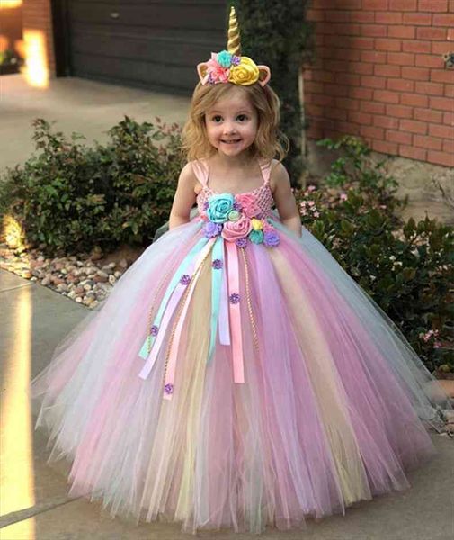 

girls pastel unicorn flower girl dresses tutu kids fluffy crochet tulle ball gown with hairbow children wedding party, Red;yellow