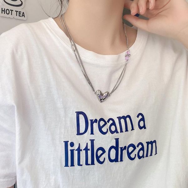 

pendant necklaces europe america fashion purple letter heart necklace girls party jewelry simple double layer chain for women, Silver
