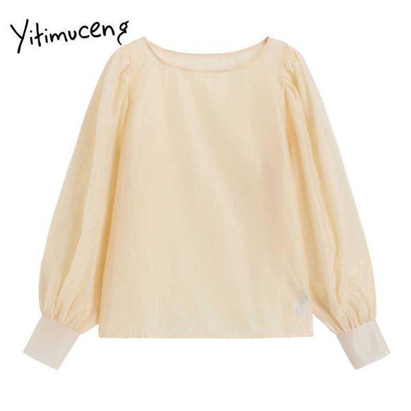 

yitimuceng blouse women shirts gauze loose solid short o-neck strap long sleeve puff sleeve fashion clothes office lady 210601, White