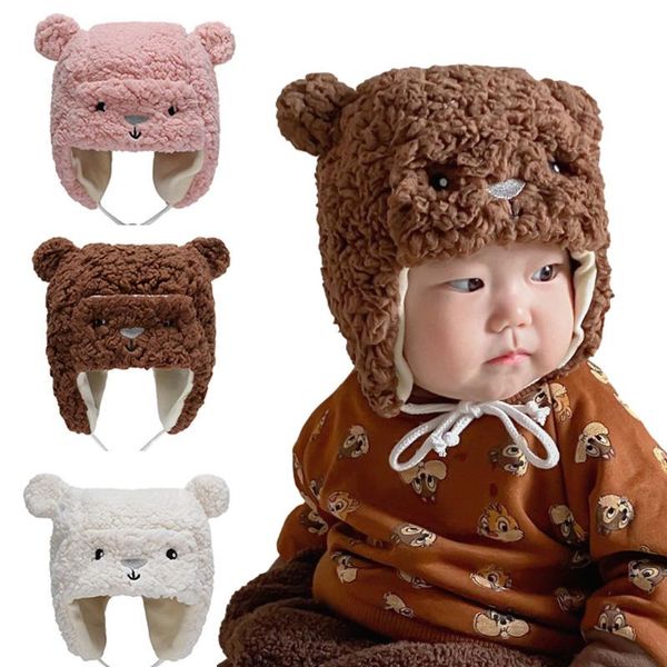 

caps & hats lamb wool baby hat for boys cute bear winter ear warm cap with windproof rope infant babies accessories 3 colors, Yellow