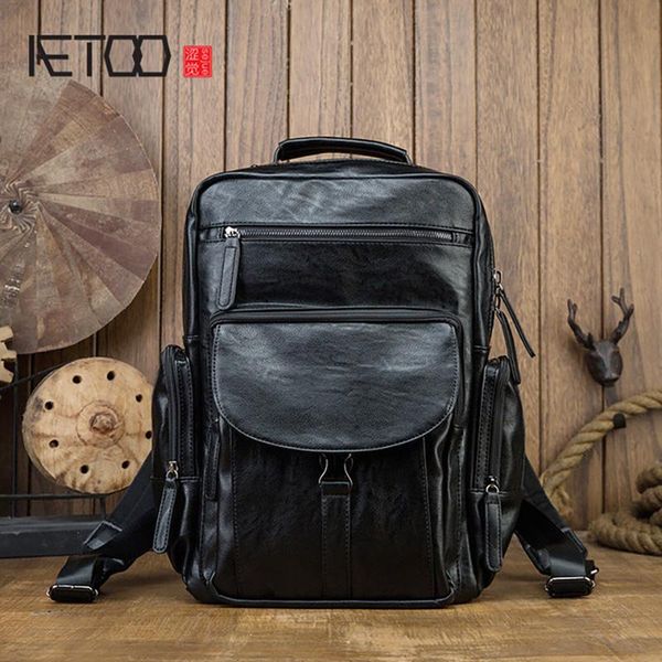 

backpack aetoo first layer cowhide large capacity backpack, men's travel bag, leather school bag