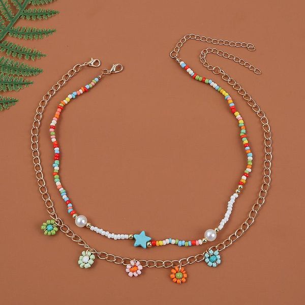 

chokers 2 pcs/set fashion gold metal chain flower pendants necklaces for women multicolor glass beads pearl handmade beaded necklace, Golden;silver
