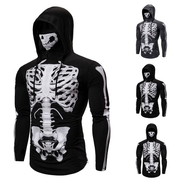 

men's ninja hooded tshirt halloween cosplay long sleeve t-shirt full skeleton skull mask pattern stranger things, White;black