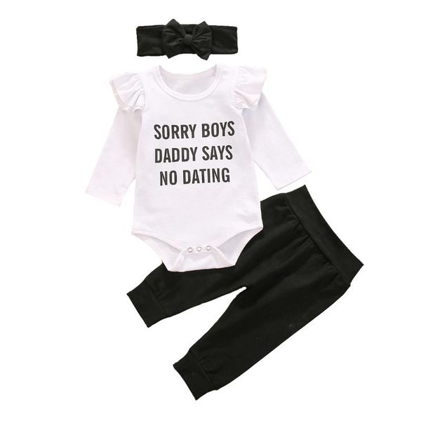 

0-24m born baby girls long sleeve letter print cotton bodysuit pant trouser headband 3pcs clothing outfit set sets, White