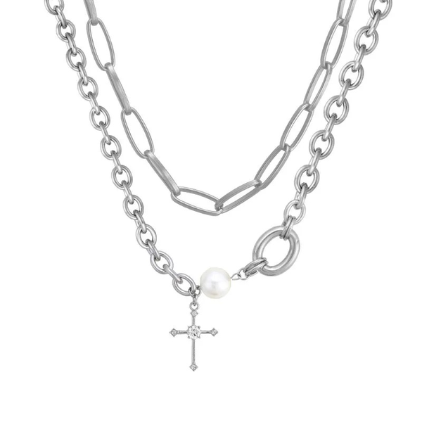 

chains pearl cross pendant european and american net red metal multi-layer clavicle chain accessories, Silver