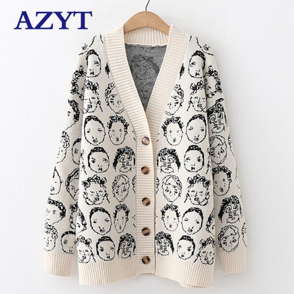 

azyt autumn winter new comic v neck cardigan female jacket 2021 knitwear sweater coat casual knit jacket sweater for women, Black