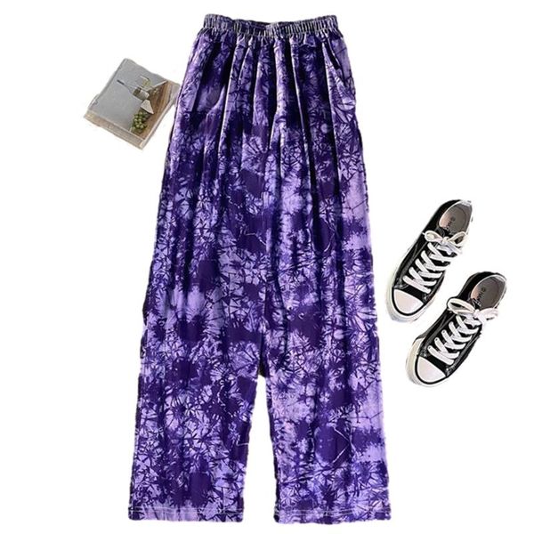 

women's pants & capris summer tie dye print femme wide leg elastic high waist harajuku fashion vintage women pantalones losse streetwea, Black;white