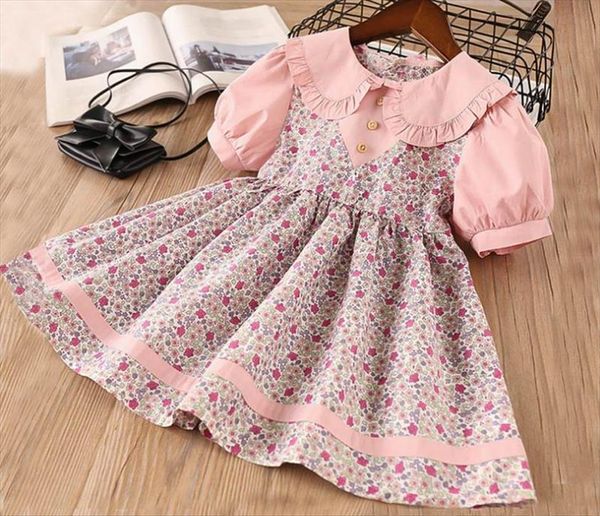 

floral girls peter pan collar girl dress cotton summer short sleeve princess baby clothes 2 7y lt018, Red;yellow
