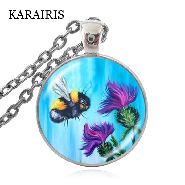 

pendant necklaces karairis 2021 bee necklace honeybee garden flower floral cabochon charm fashion jewelry gifts for women man, Silver