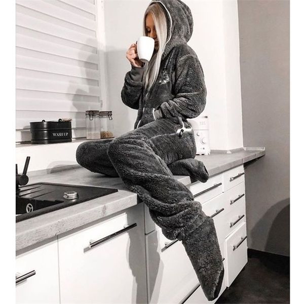 

jumpsuit women flannel long sleeve jump suits for woman homewear pajamas romers solid color ladies hooded jumpsuits outfits, Black;white
