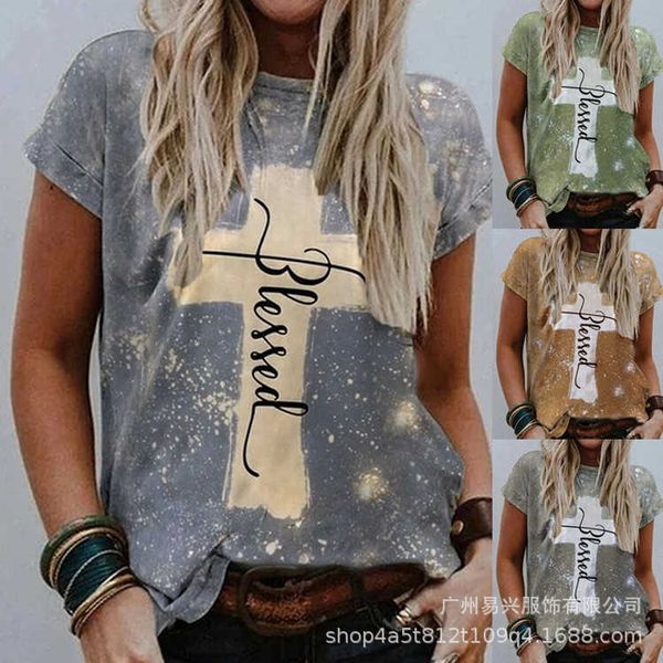 

2021 fashion t shirts women's spring loose round ne short sleeve cross print, White