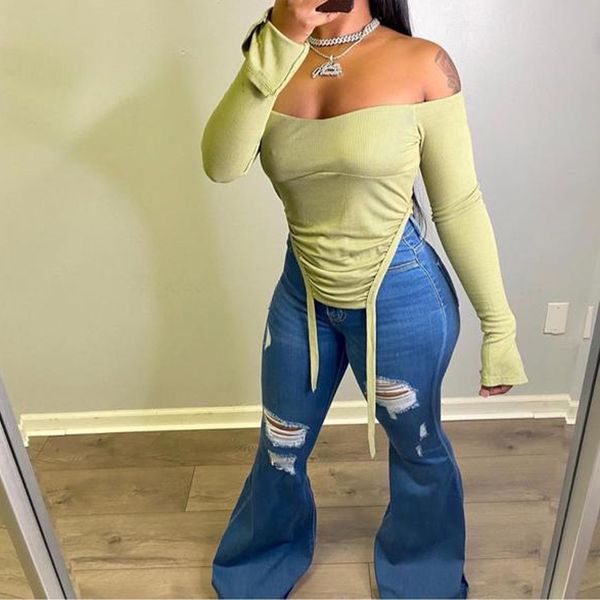 

women's t-shirt slash neck long sleeve crop off shoulder ruched side bandage lace up backless 2021 autumn skinny outfits, White