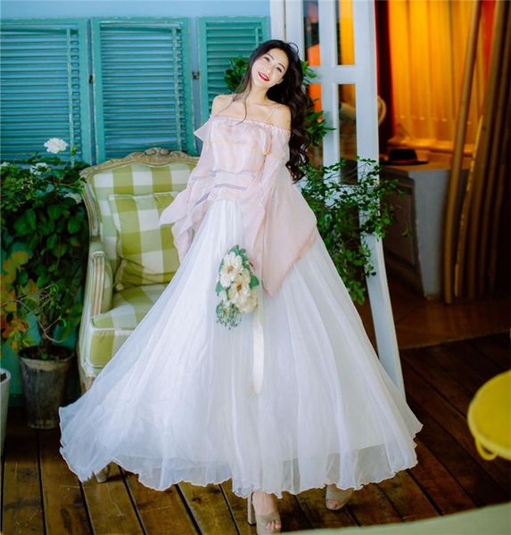 

fashion women fairy two piece dress sets slash neck ruffled shirt&mesh tutu skirt female 2pc french suits outfits women's pants, White