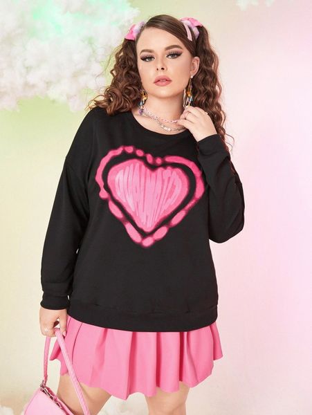 

plus heart print drop shoulder sweatshirt j2nl#, Black