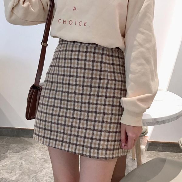 

skirts spring autumn korean sweet plaid women preppy style high waist a-line thin skirt female chic all match woolen saias, Black