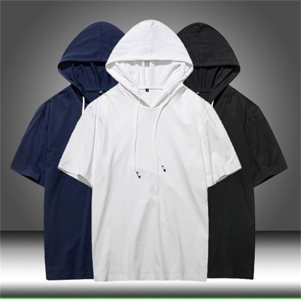 

summer men tshirt casual solid loose hooded tees shirts male new sportswear hoodie short sleeve mens t-shirt clothing 210329, White;black