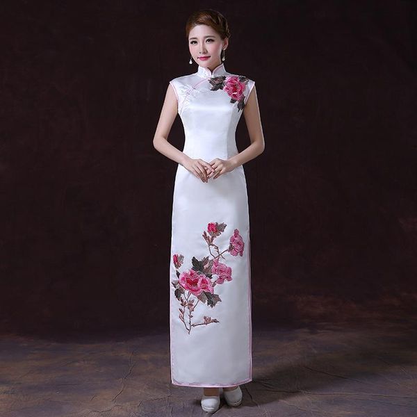 

sleeveless novelty women qipao elegant sheath satin chinese skirt traditional embroidery floral gown wedding party dresses ethnic cloth, Red