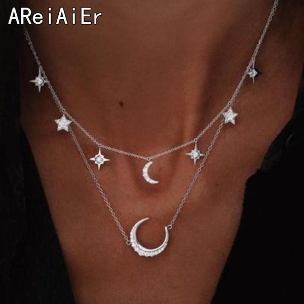 

bohemian simple pendant necklace punk fashion double moon star short crystal heart choker for jewelry gift chokers, Golden;silver